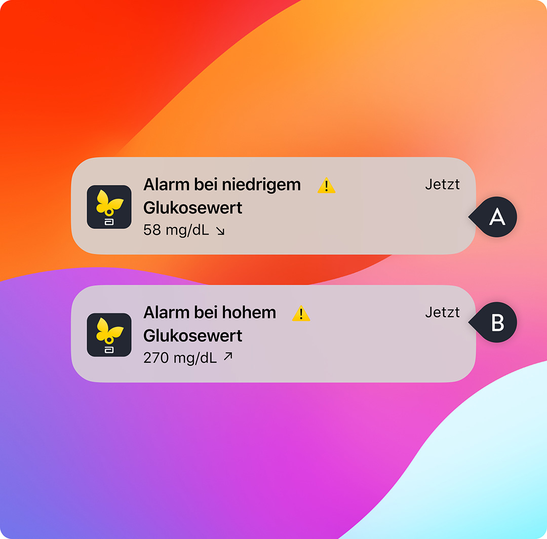Startbildschirm mit den Alarmen der Libre-App für niedrige und hohe Blutzuckerwerte.