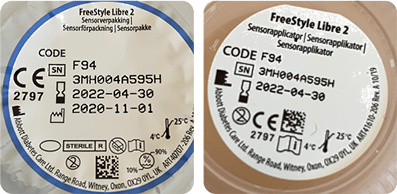 Bei den oben gezeigten Bildern handelt es sich um Beispele von Seriennummern auf Sensorverpackung, Applikator und Sensor.