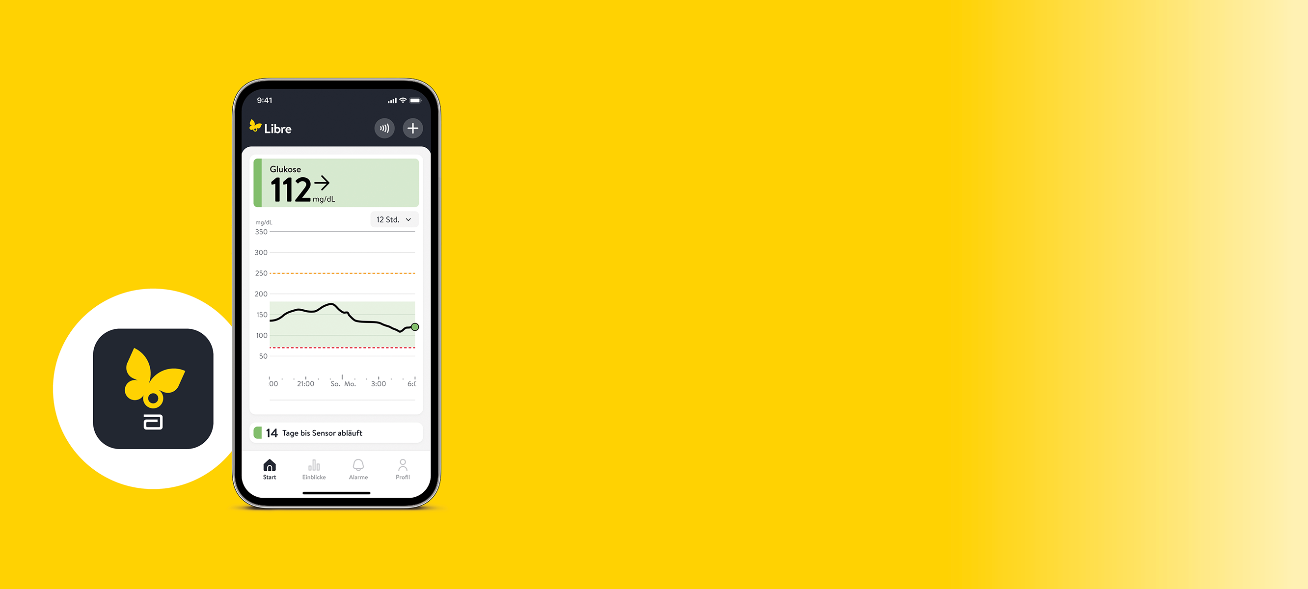 Smartphone mit Anzeige des Glukosewerts. Links daneben das Logo der Libre App.