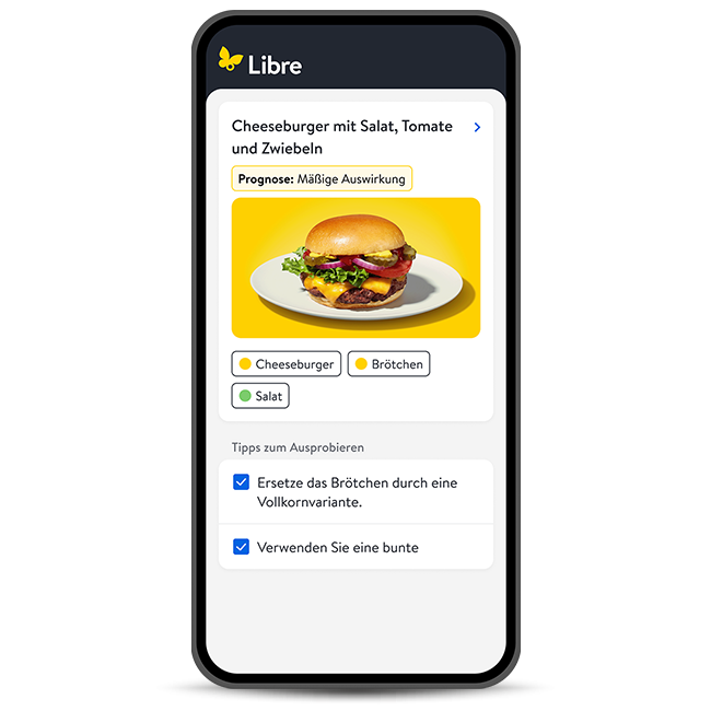 Ein Smartphone zeigt wie Libre Assist am Bespiel eines Cheeseburgers aussieht
