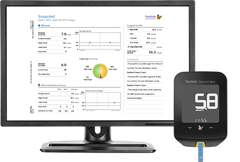 FreeStyle Optium Neo Blood glucose meter and LibreView report shown on a computer monitor.