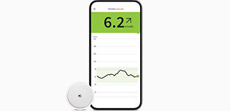 FreeStyle Libre System shown on a smartphone next to a sensor
