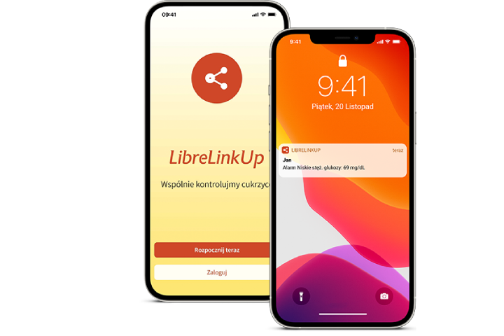 FreeStyle Libre app and LibreLinkUp shown on smartphones.