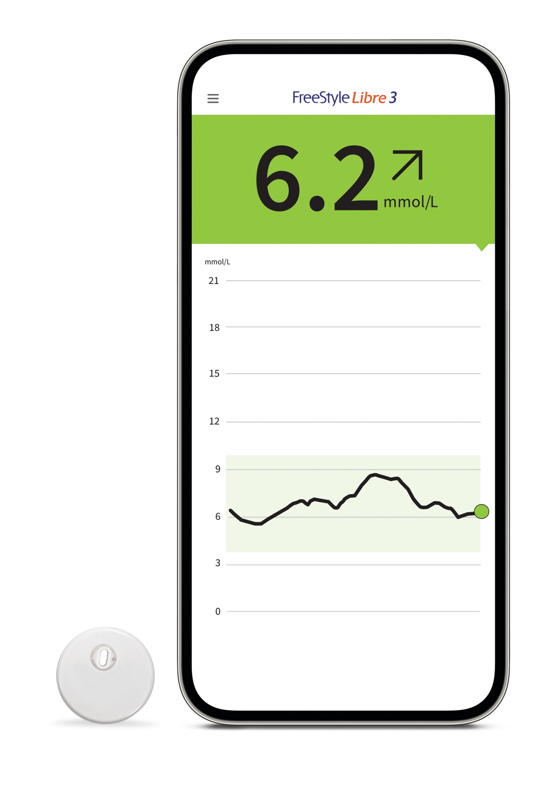 FreeStyle Libre 3 app shown on a smartphone.