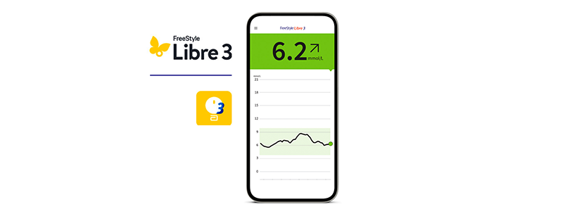 FreeStyle Libre 3 app shown on a smartphone next to FreeStyle Libre 3 logo and app icon