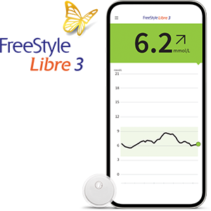 FreeStyle Libre 3 System shown on a smartphone next to a sensor.