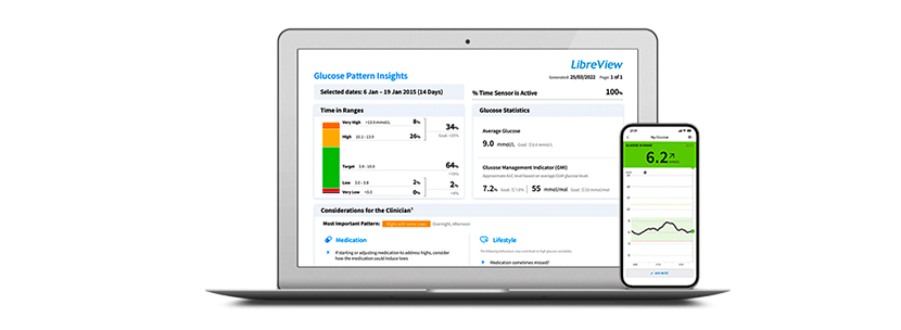 LibreView report shown on a computer screen next to a smartphone.