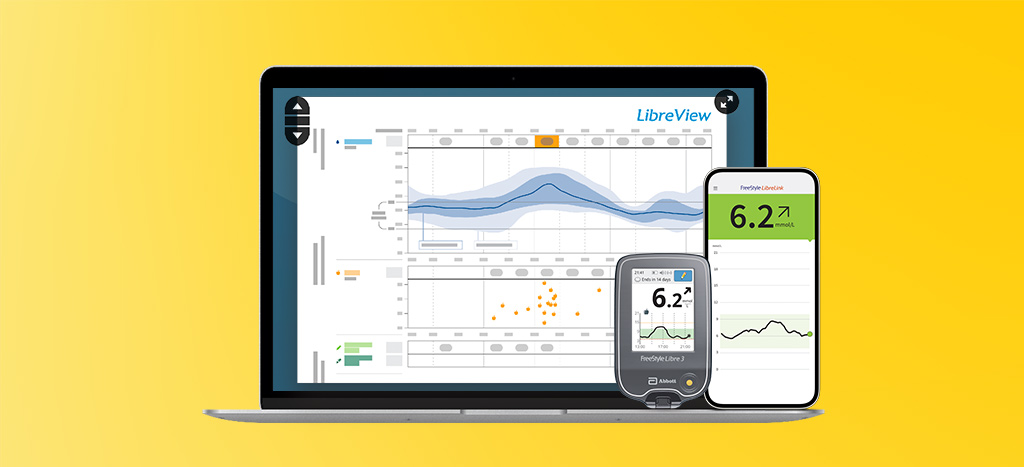 LibreView report shown on a laptop screen and the FreeStyle LibreLink app shown on a smartphone.