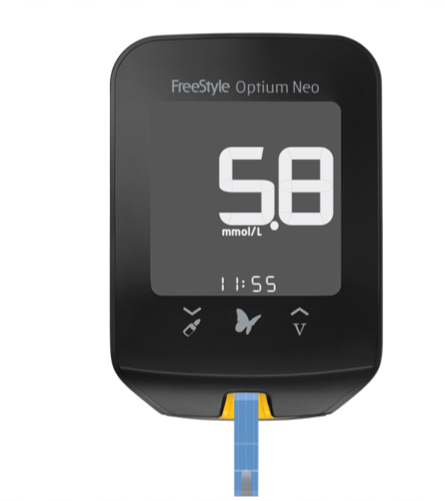 FreeStyle Optium Neo Blood glucose meter and LibreView report shown on a computer monitor.