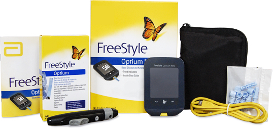 Step-by-step set up guide, 25 test strips, FreeStyle Optium Neo Meter, carry case, 50 lancets, lancing device and USB cable.