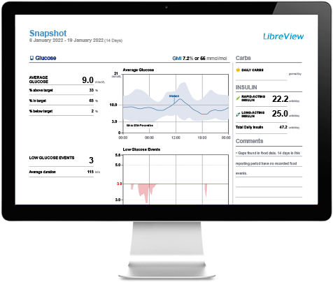 LibreView snapshot report shown on a computer screen.