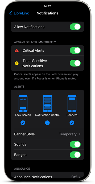 Notification settings shown on iOS.