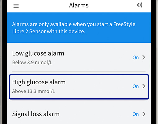 setting high glucose alarm