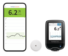 A screenshot of daily glucose patterns shown on a smatphone next to FreeStyle Libre sensor