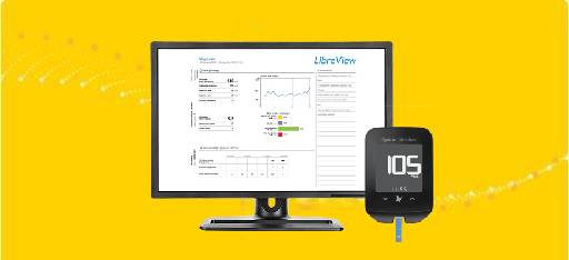 FreeStyle Precision Pro and Optium Neo Blood Glucose Meters and LibreView report shown on a computer monitor
