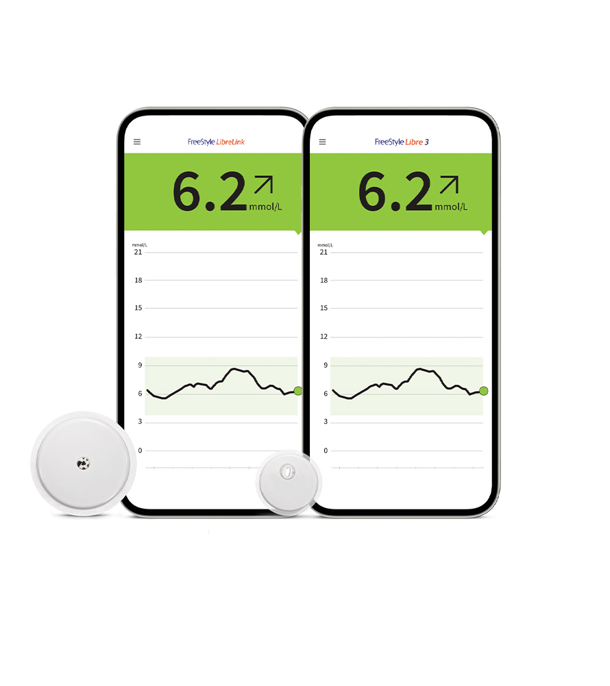 FreeStyle Libre 2 and FreeStyle Libre 3 Systems and FreeStyle LibreLink and FreeStyle Libre 3 apps shown on a smartphone.