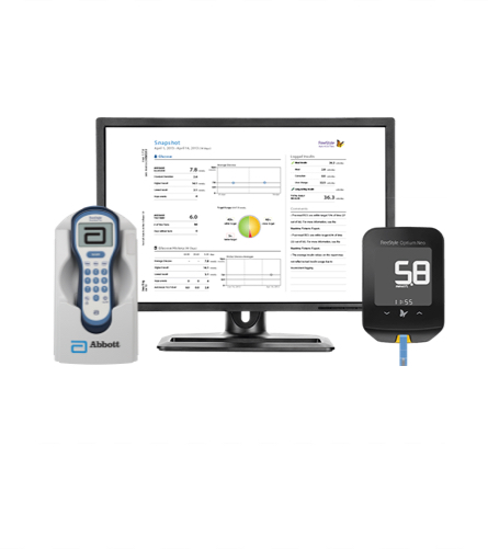 FreeStyle Precision Pro and Optium Neo Blood Glucose Meters and LibreView report shown on a computer monitor.