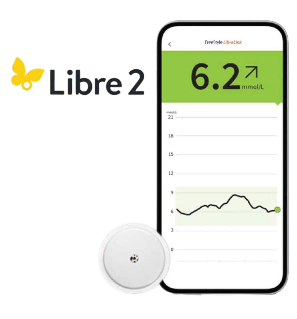Smartphone screenshot of LibreLink app with FreeStyle Libre 2 system logo