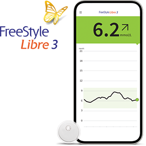 FreeStyle Libre 3 system small FreeStyle Libre 3 System shown on a smartphone next to a sensor.