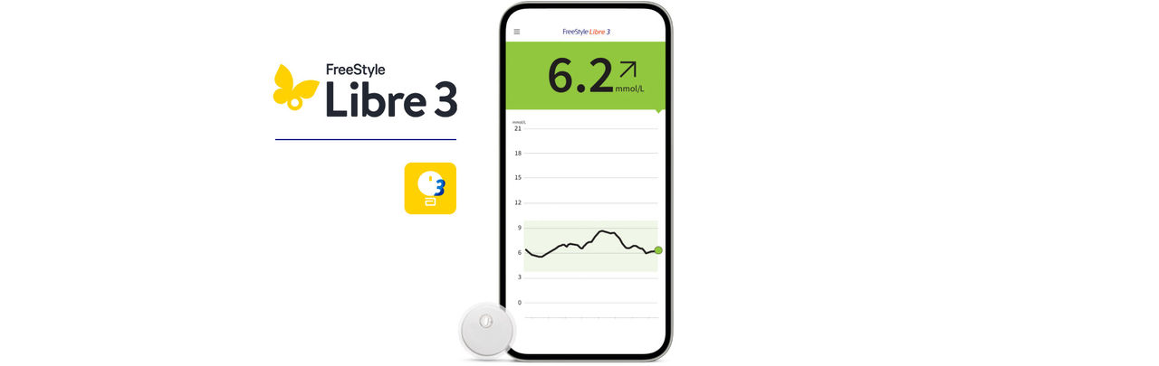 FreeStyle Libre 3 System shown on a smartphone.