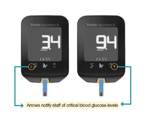 FreeStyle Optium Neo H arrows notifying staff of critical blood glucose levels.