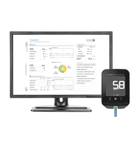 FreeStyle Optium Neo Blood glucose meter and LibreView report shown on a computer monitor.