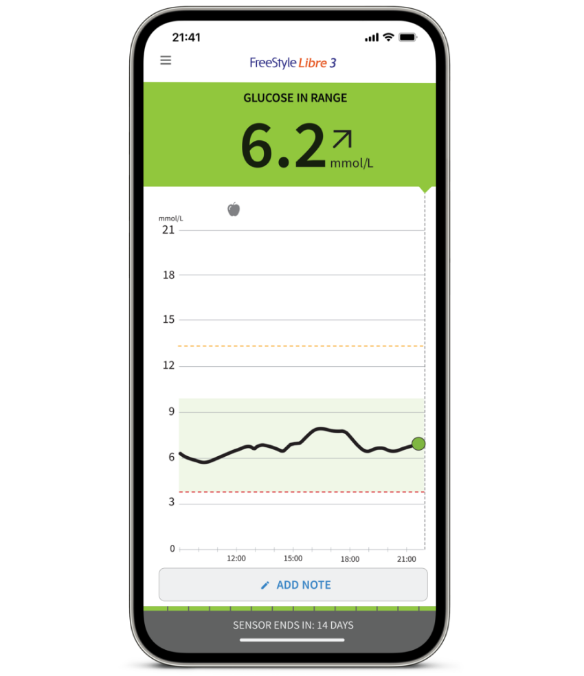 FreeStyle Libre 3 home screen showing trend arrows and glucose reading