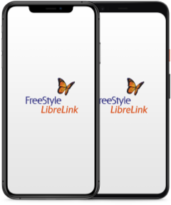 Two smartphones with FreeStyle LibreLink logo showing on the screen.