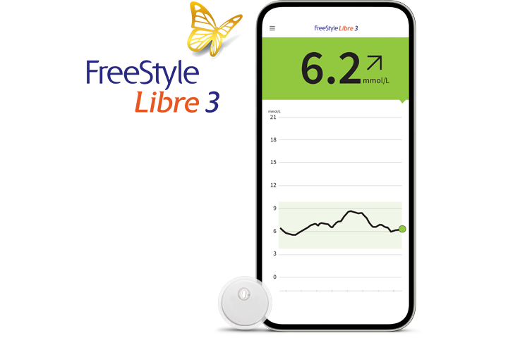 FreeStyle Libre 3 system and logo with the FreeStyle Libre 3 app shown on a smartphone