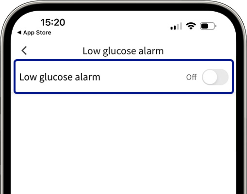 Step 2: tap Low Glucose Alarm and turn on alarm