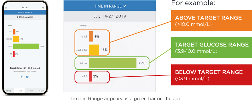 A screenshot of the FreeStyle LibreLink app Time in Target report show on a smartphone.