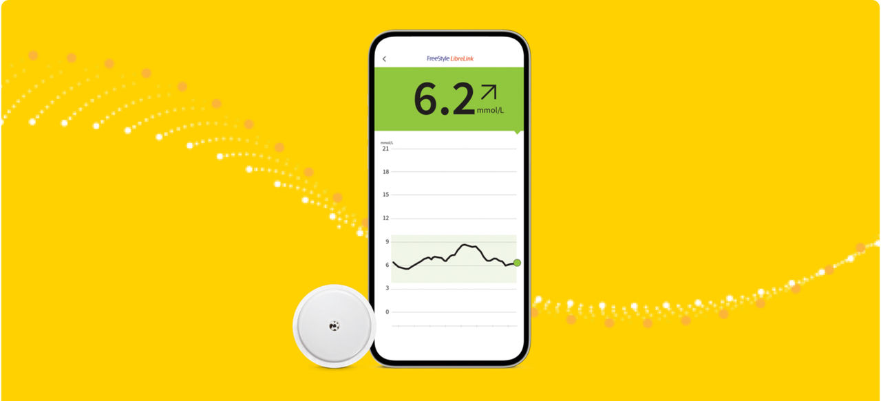 FreeStyle Libre 2 sensor and the FreeStyle LibreLink app shown on a smartphone.